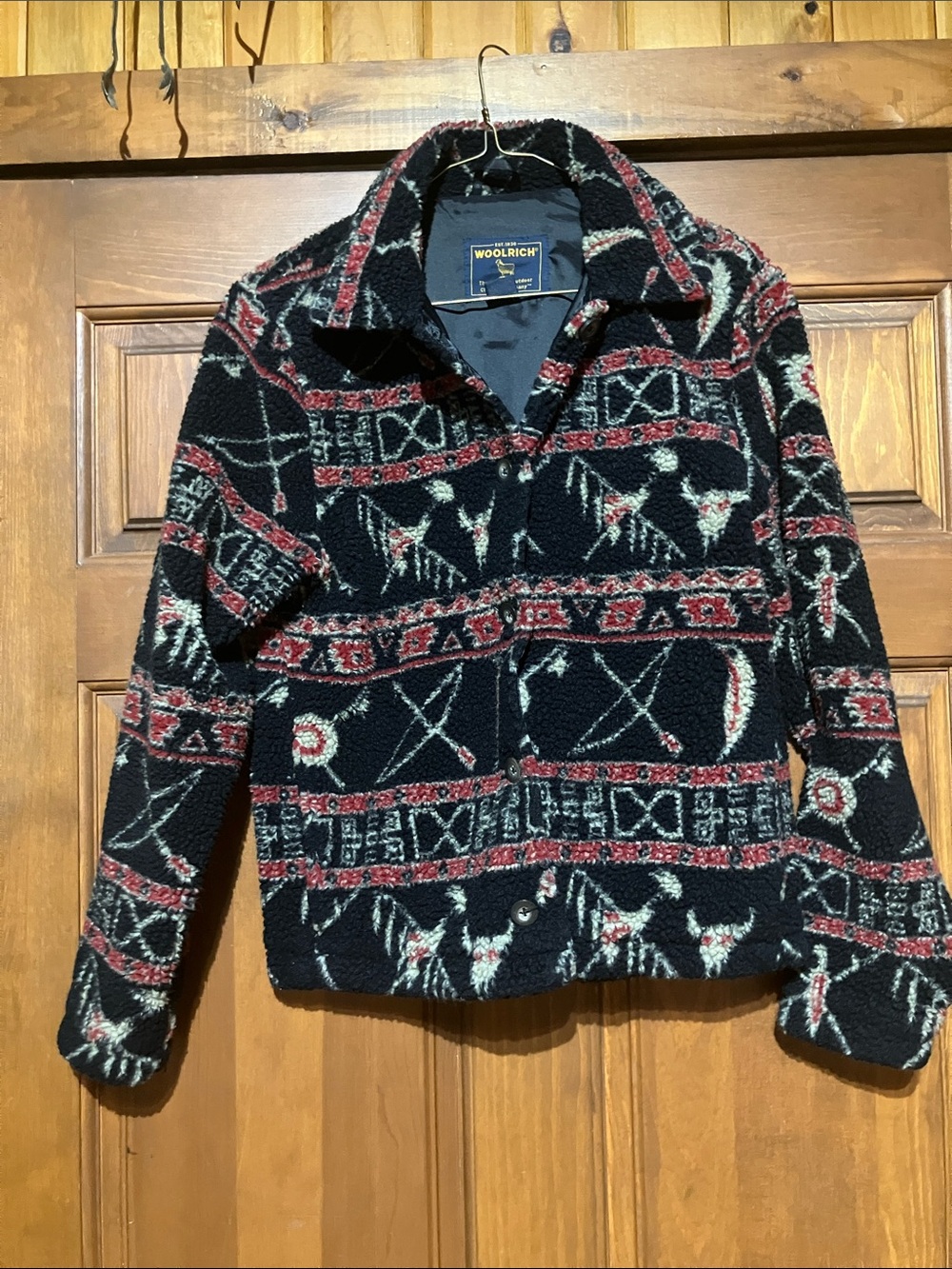 Woolrich Women's Black, Red & Cream Patterned Sherpa Coat